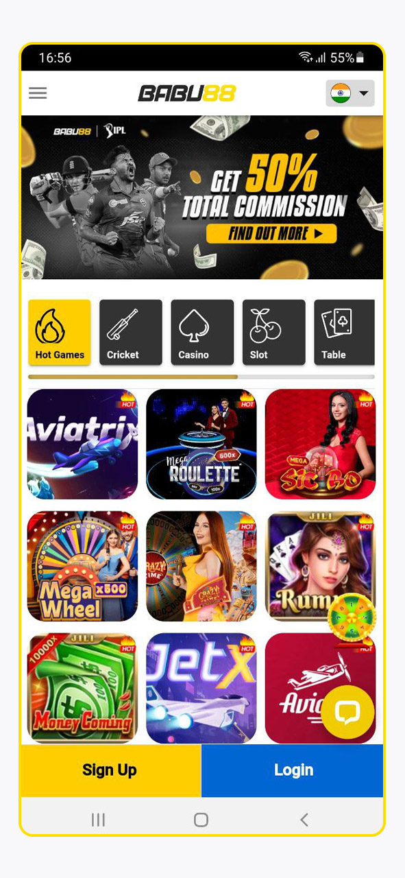 Screenshot of the Babu88 India mobile application