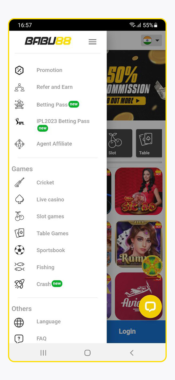 Screenshot of the Babu88 India mobile application